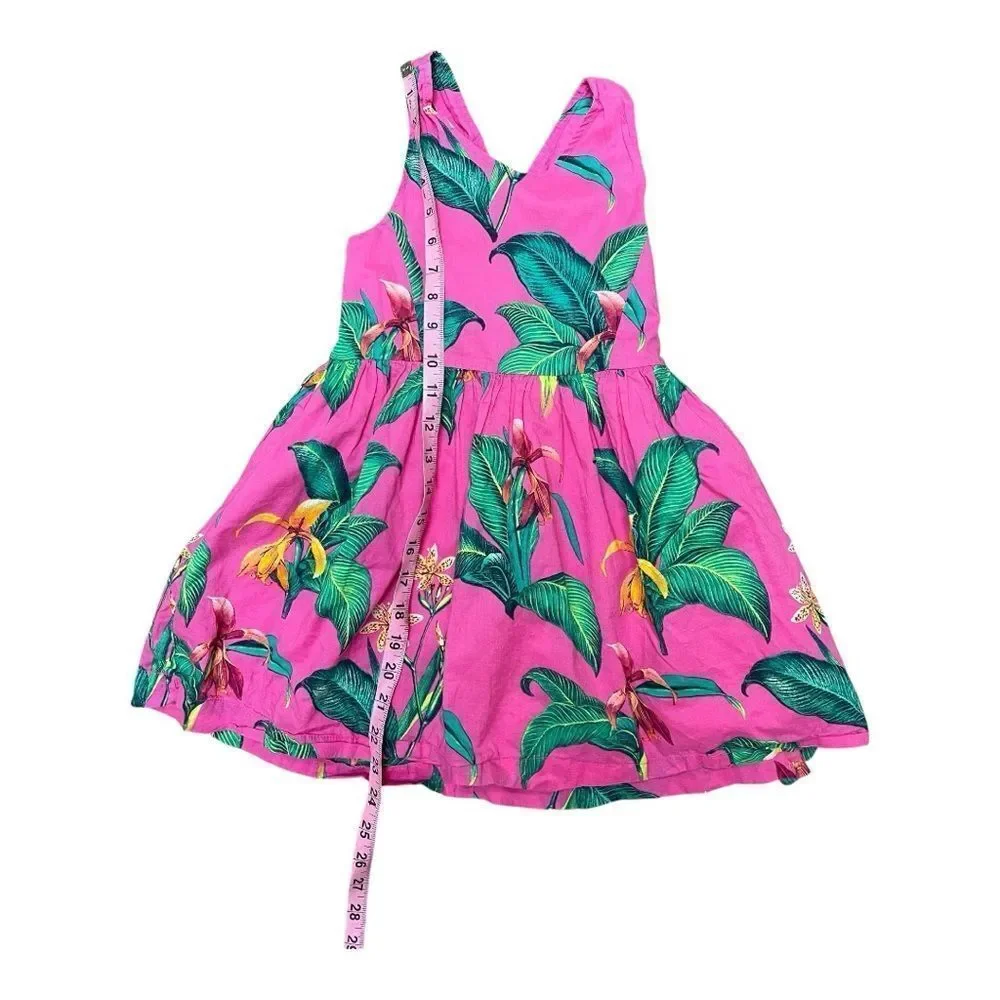 Gap Kids Girls Size S Tropical Pink Criss Cross Back Dress with Green Leaf Print